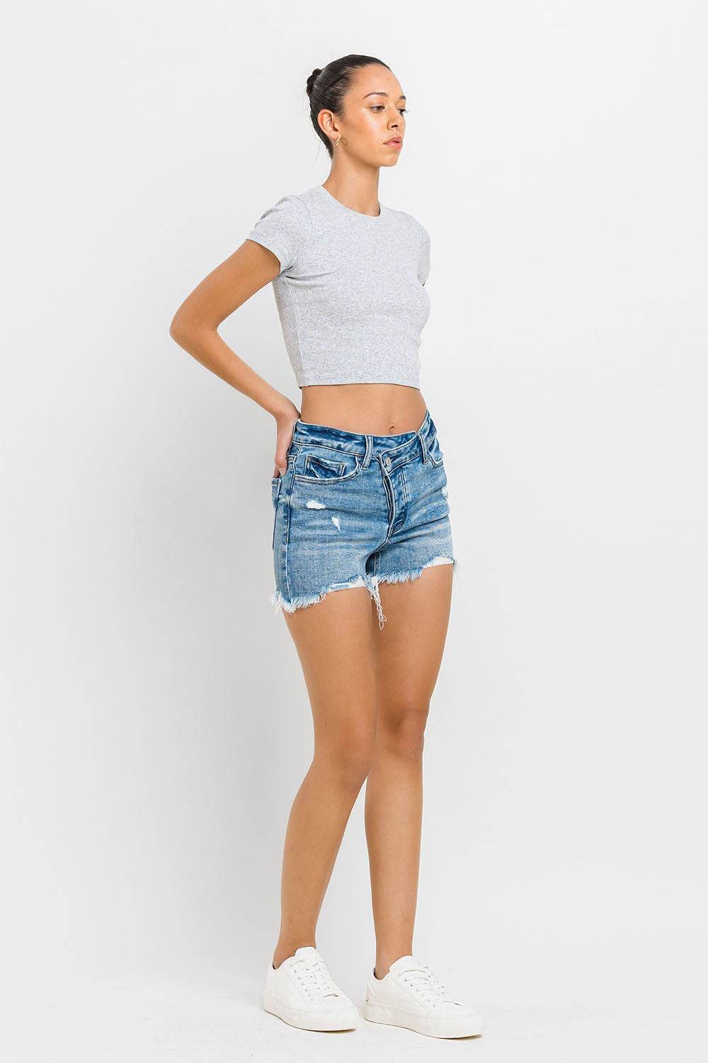 Lovervet Stepped Waist Raw Hem Denim Shorts - Delanoir