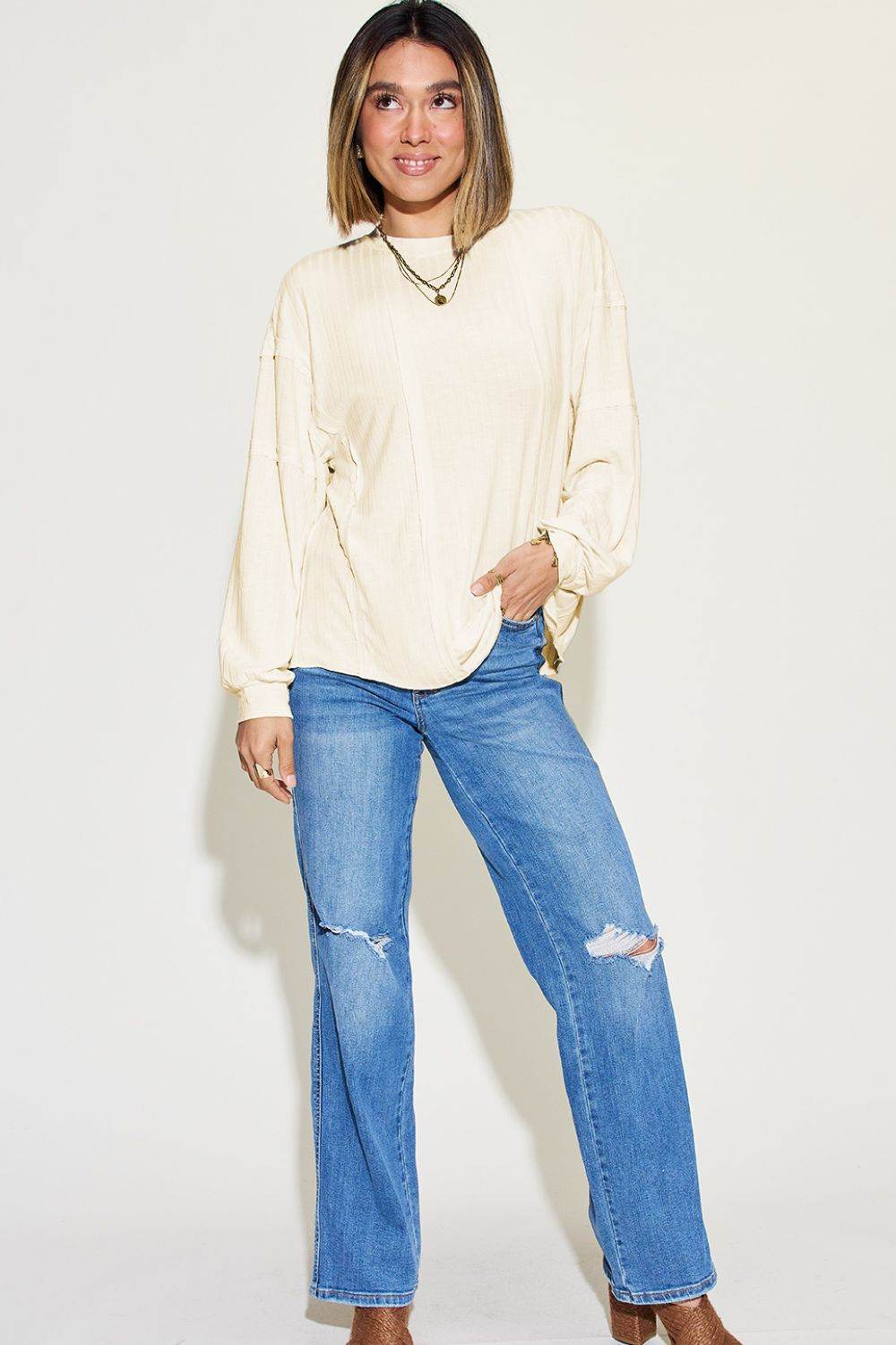 Basic Bae Full Size Ribbed Round Neck Long Sleeve T-Shirt - Delanoir