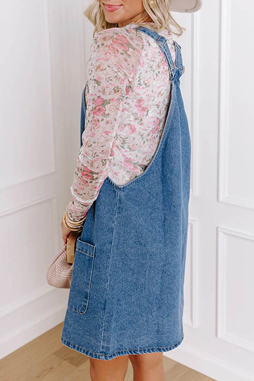 Square Neck Wide Strap Denim Overall Dress - Delanoir