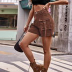 High Waist Denim Cargo Shorts - Delanoir