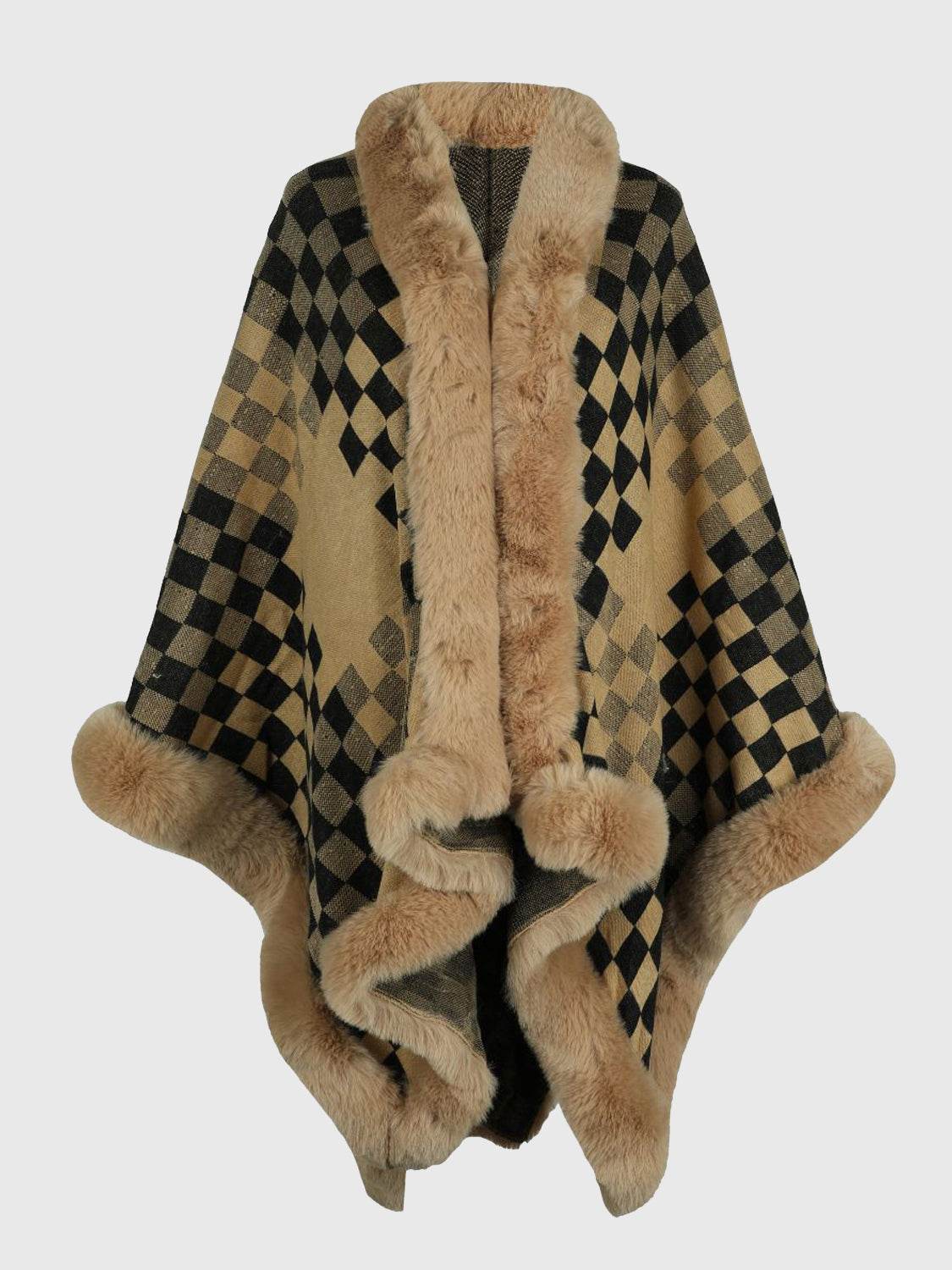 Checkered Faux Fur Trim Poncho - Delanoir