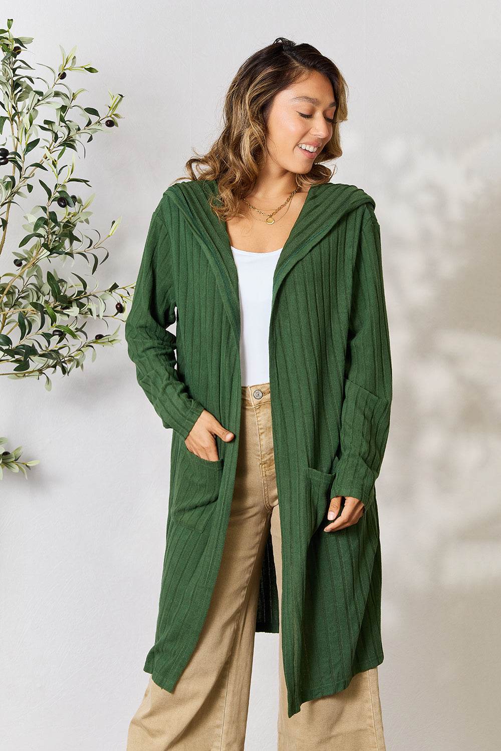 Basic Bae Full Size Hooded Sweater Cardigan - Delanoir