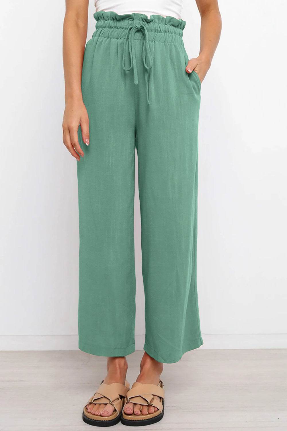 Drawstring Paperbag Waist Wide Leg Pants - Delanoir