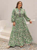 Plus Size Printed Notched Long Sleeve Maxi Dress - Delanoir