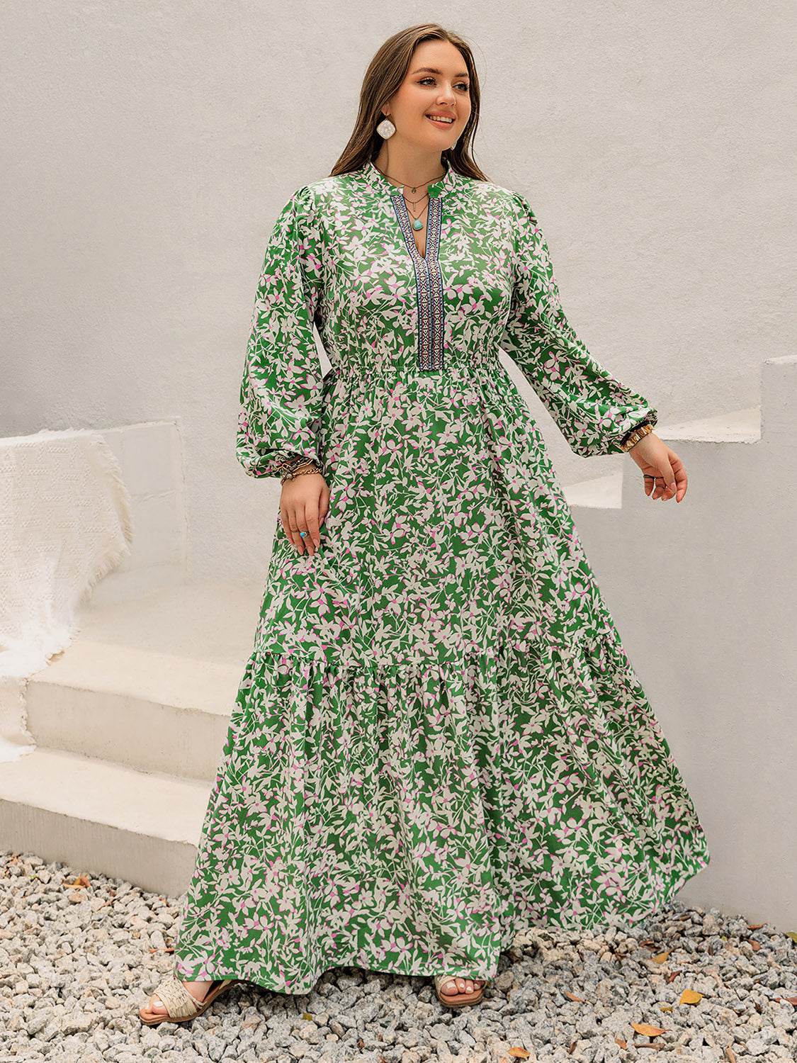 Plus Size Printed Notched Long Sleeve Maxi Dress - Delanoir