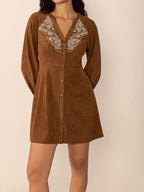 Notched Button Down Long Sleeve Mini Dress - Delanoir