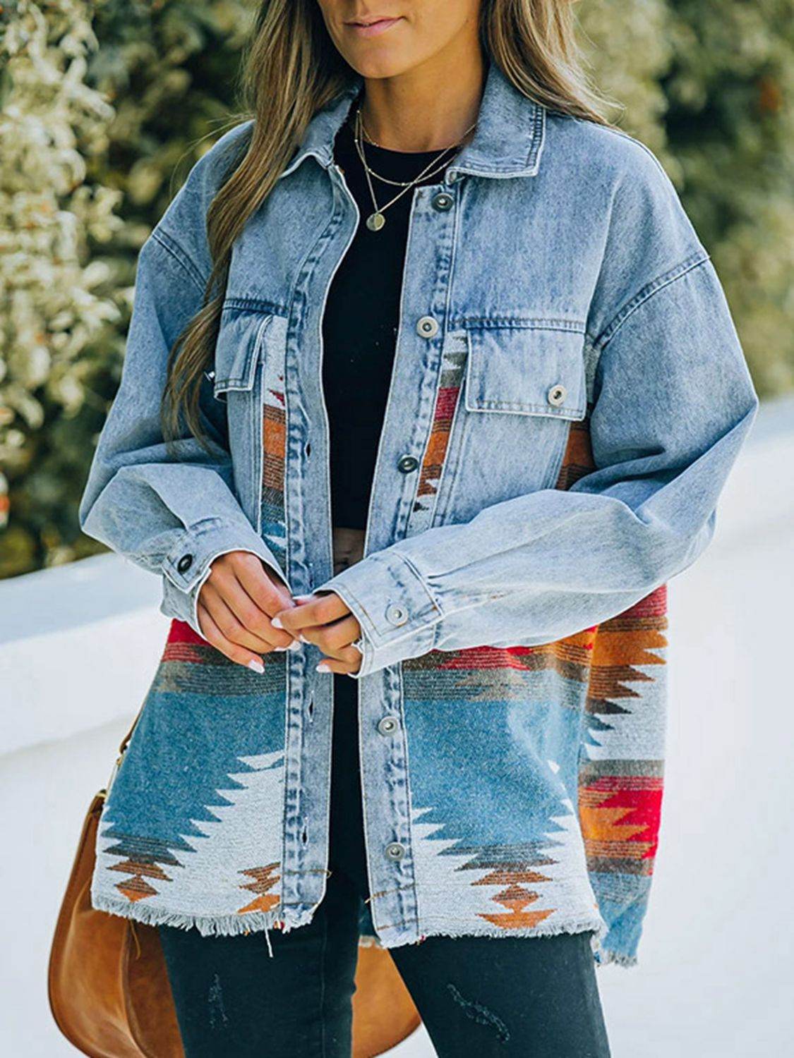 Collared Neck Dropped Shoulder Denim Jacket - Delanoir