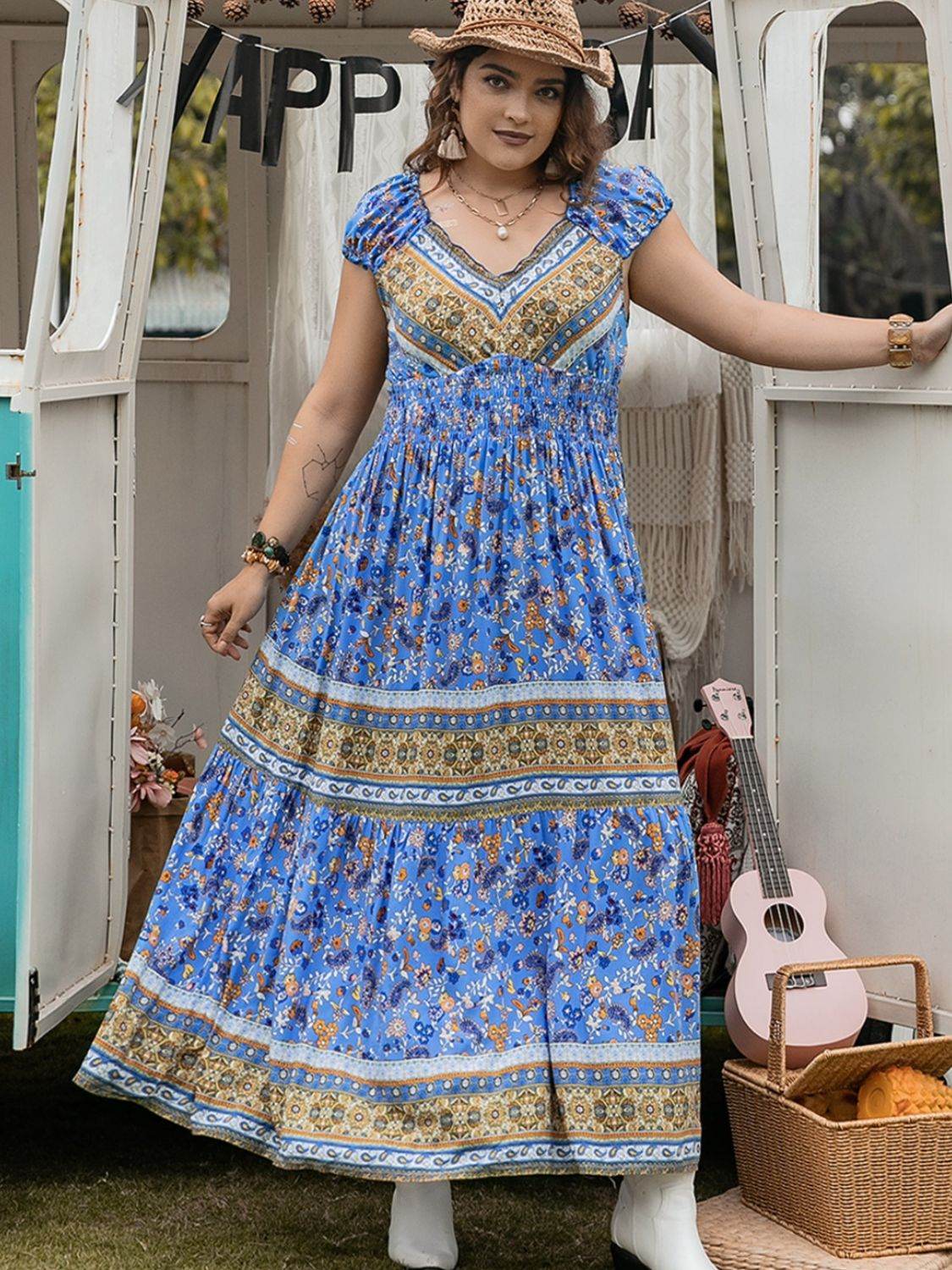 Plus Size Smocked Printed Cap Sleeve Dress - Delanoir