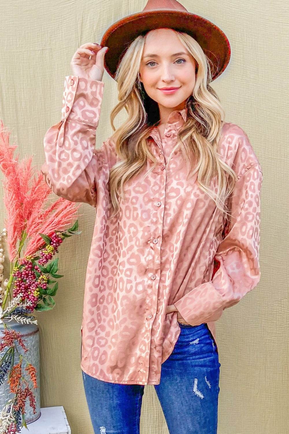 And The Why Satin Leopard Button Up Curved Hem Shirt - Delanoir