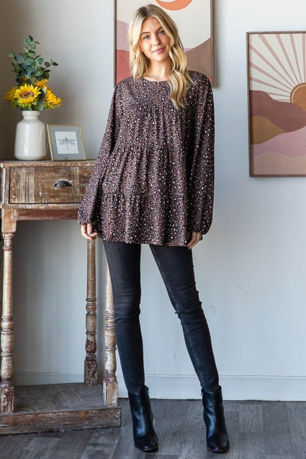 Heimish Leopard Long Sleeve Tiered Blouse - Delanoir