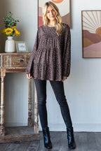 Heimish Leopard Long Sleeve Tiered Blouse - Delanoir
