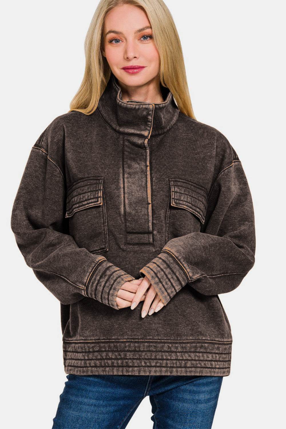 Zenana Acid Washed Half Snap Fleece Sweatshirt - Delanoir
