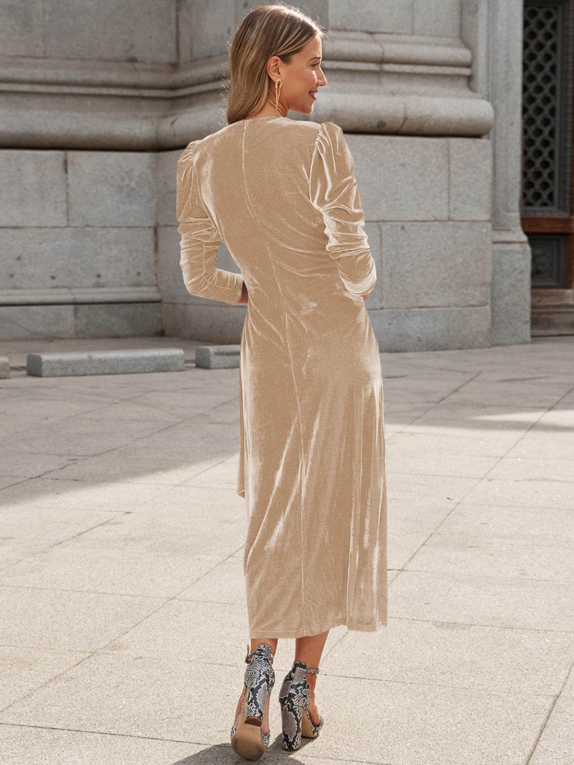 Surplice Puff Sleeve Midi Dress - Delanoir