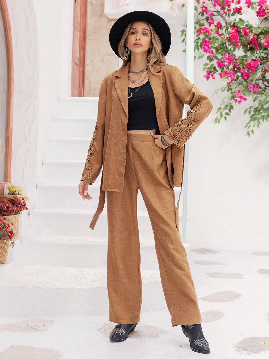 Lace Detail Collared Neck Top and Pants Set - Delanoir