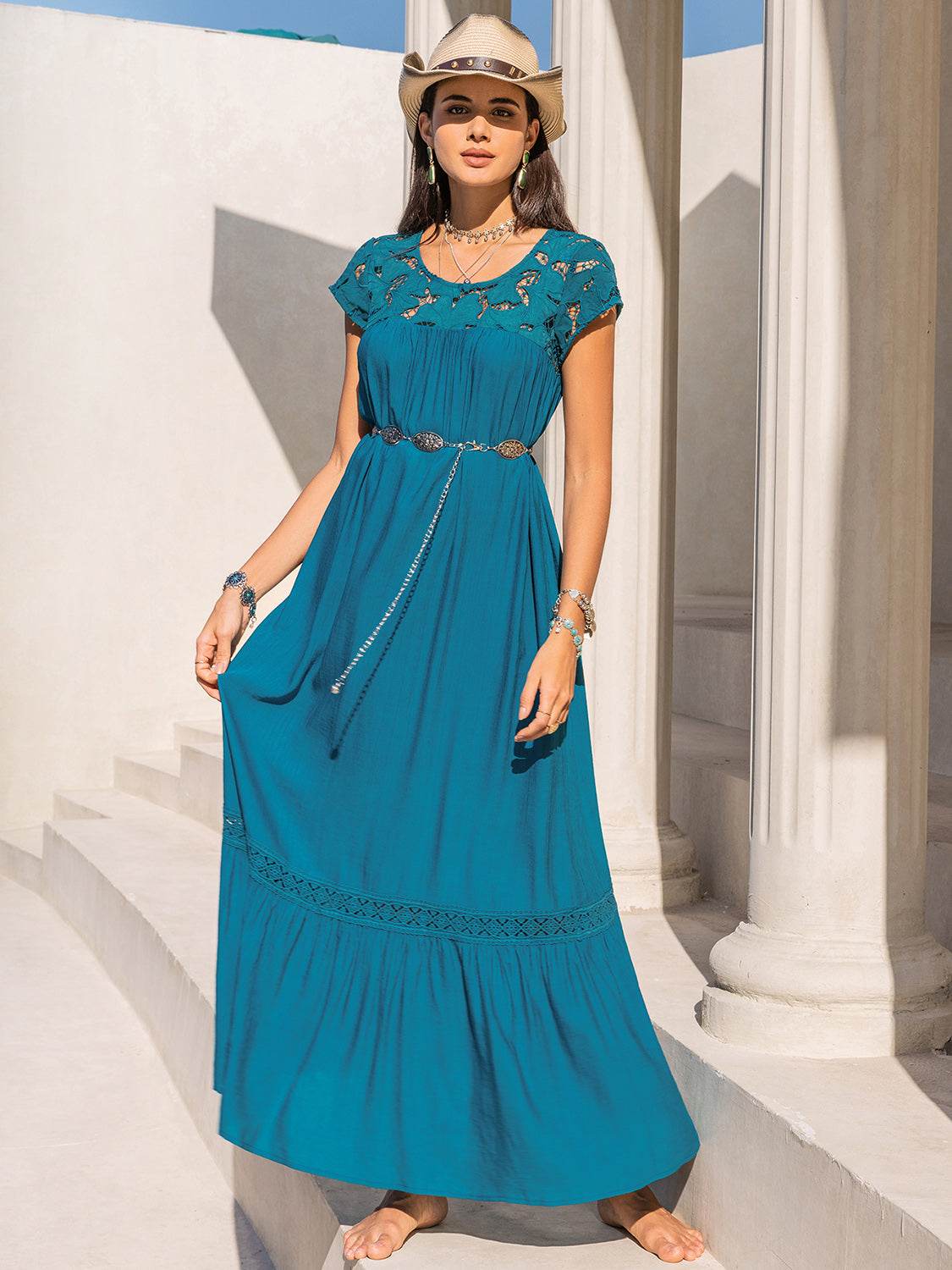 Round Neck Short Sleeve Maxi Dress - Delanoir