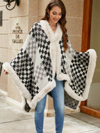 Checkered Faux Fur Trim Poncho - Delanoir