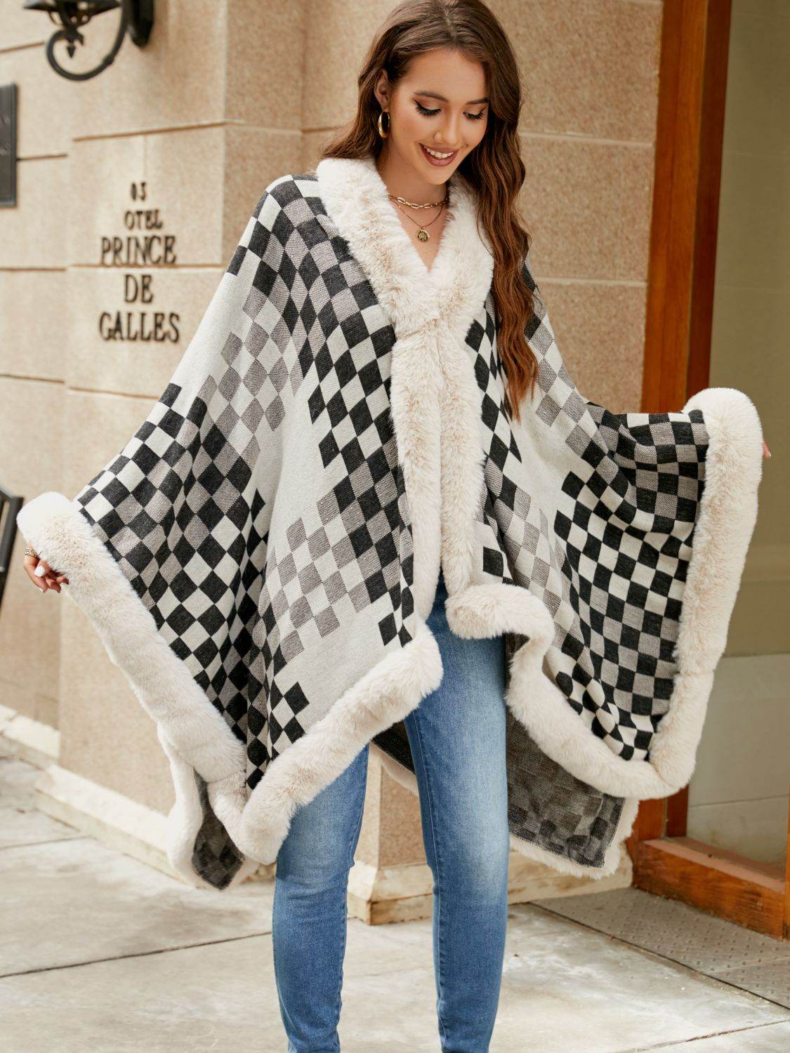 Checkered Faux Fur Trim Poncho - Delanoir