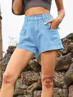 High Waist Denim Shorts with Pockets - Delanoir