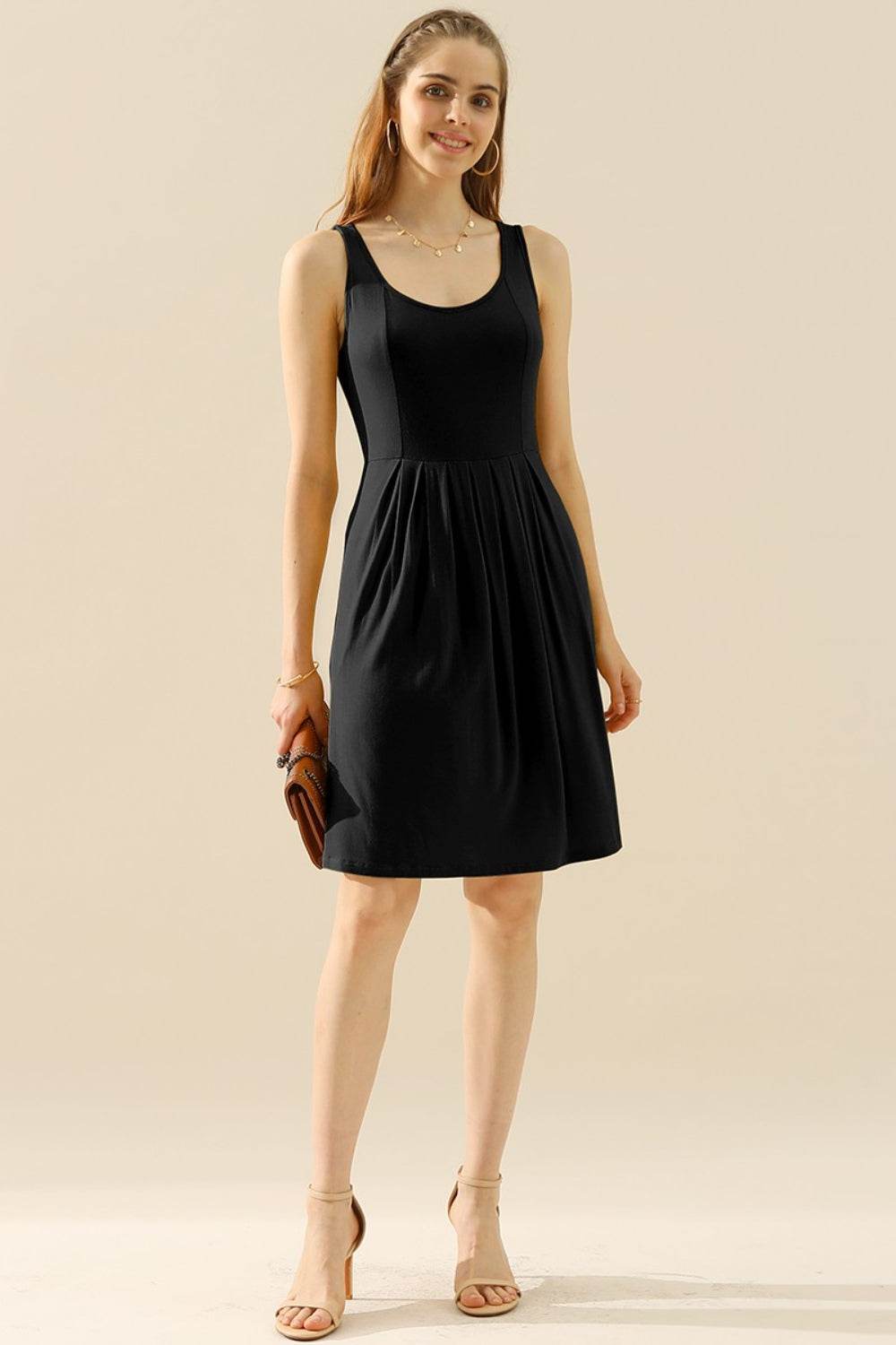 Doublju Full Size Round Neck Ruched Sleeveless Dress with Pockets - Delanoir