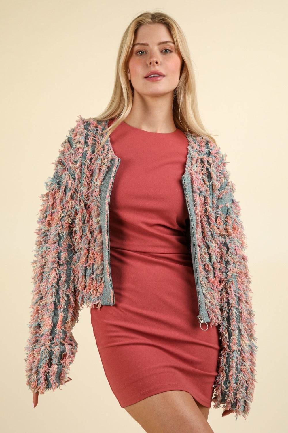 VERY J Shaggy Yarn Knit Zip Up Jacket - Delanoir
