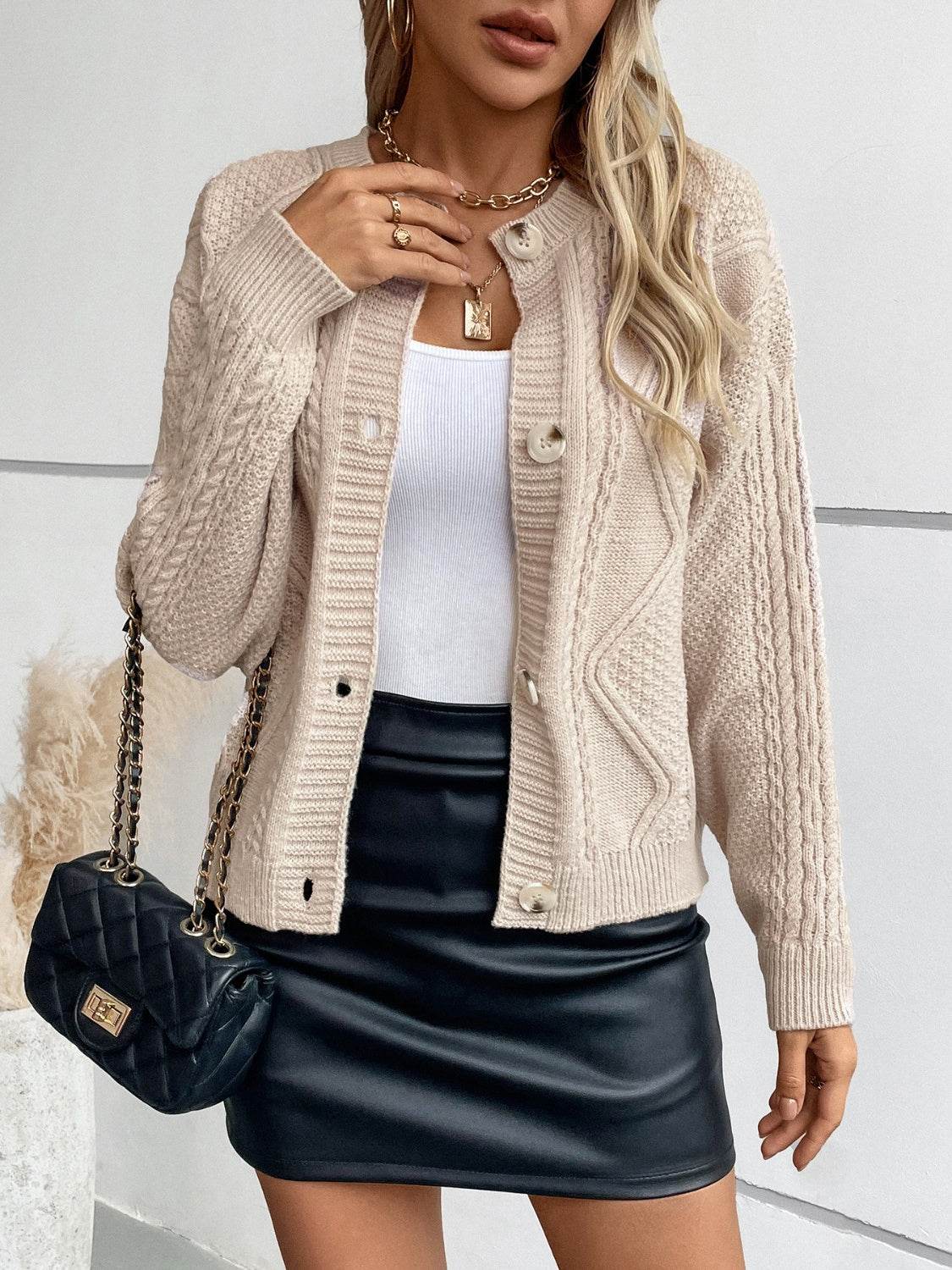 Cable-Knit Round Neck Button Up Cardigan - Delanoir