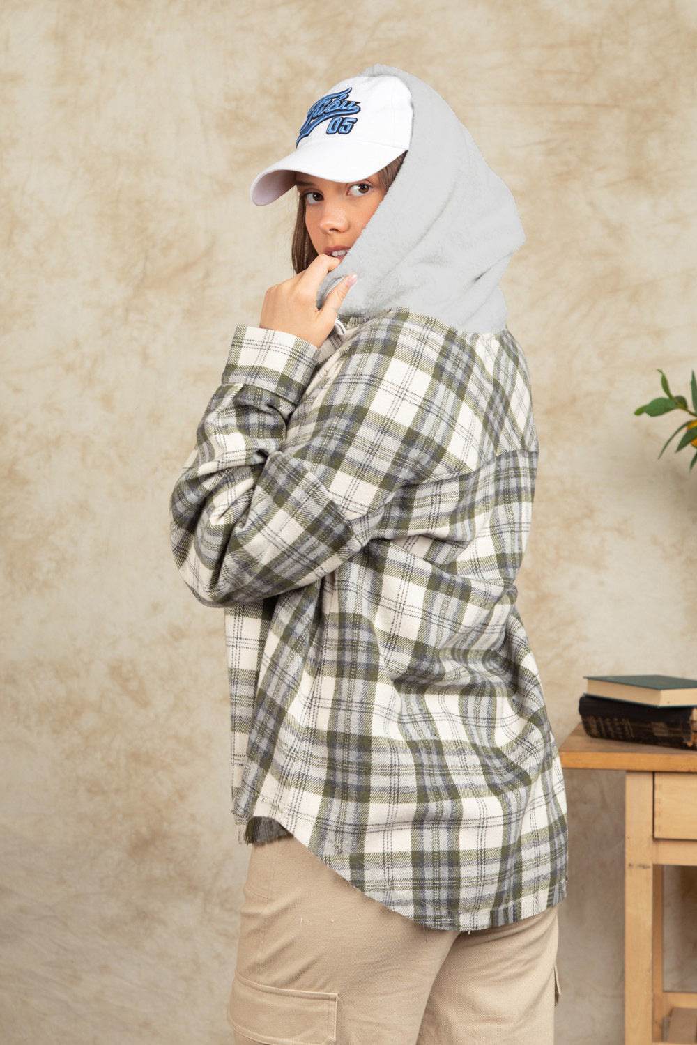 Drawstring Plaid Long Sleeve Hooded Jacket - Delanoir