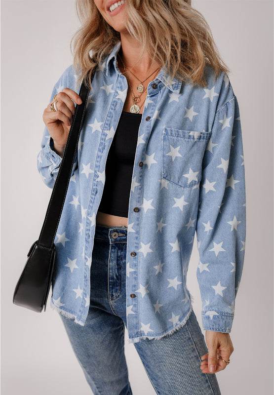Raw Hem Star Collared Neck Denim Top - Delanoir