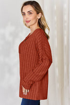 Basic Bae Full Size Ribbed Half Button Long Sleeve T-Shirt - Delanoir