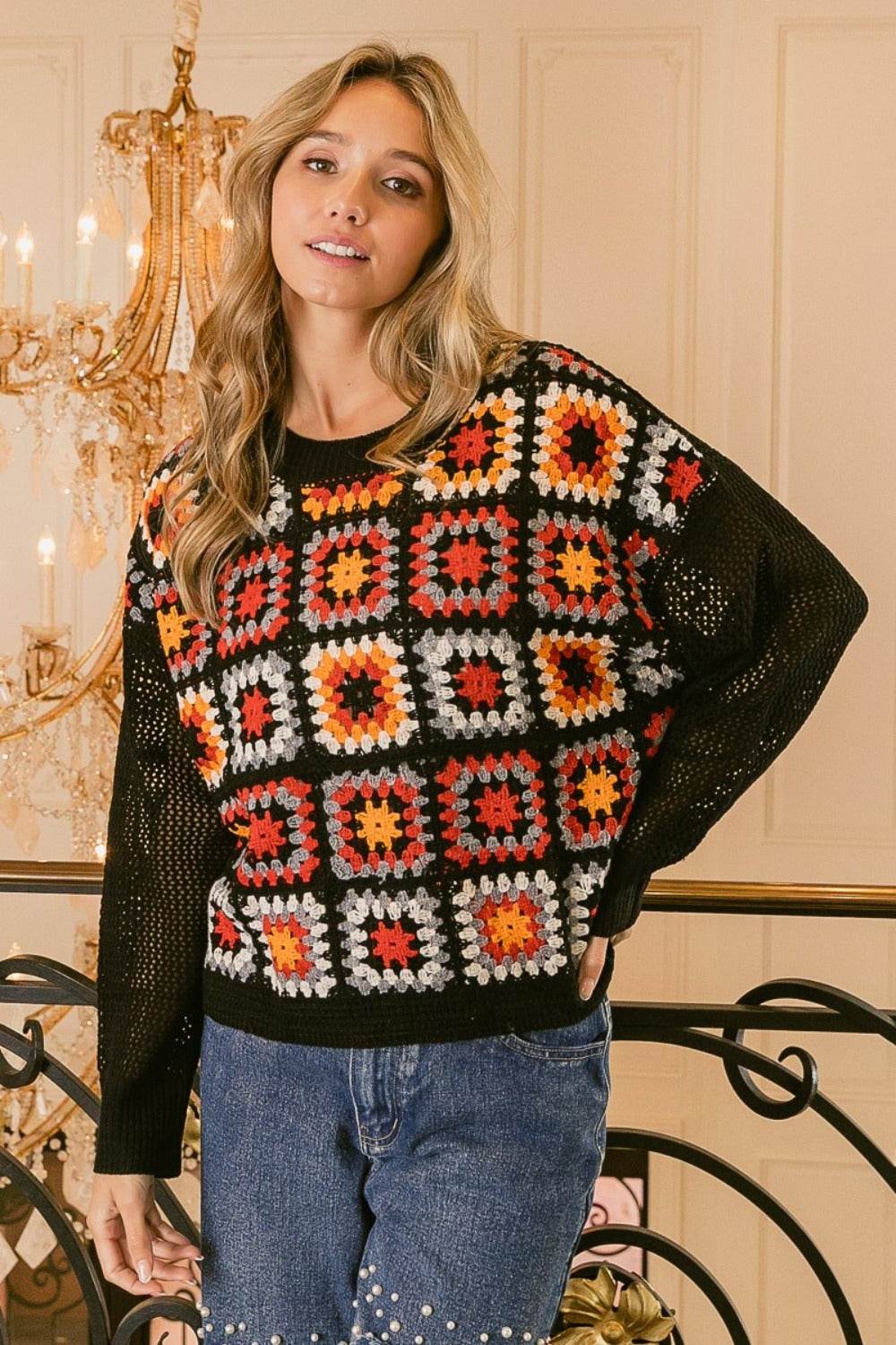 BiBi Granny Square Front Long Sleeve Top - Delanoir