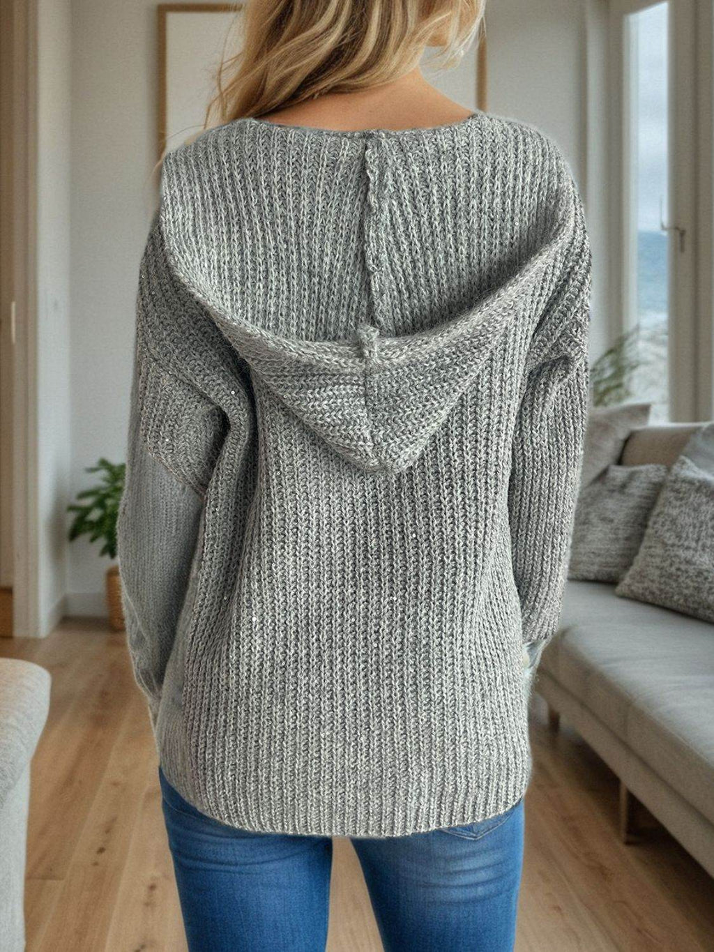 Sequin Detail Long Sleeve Hooded Cardigan - Delanoir