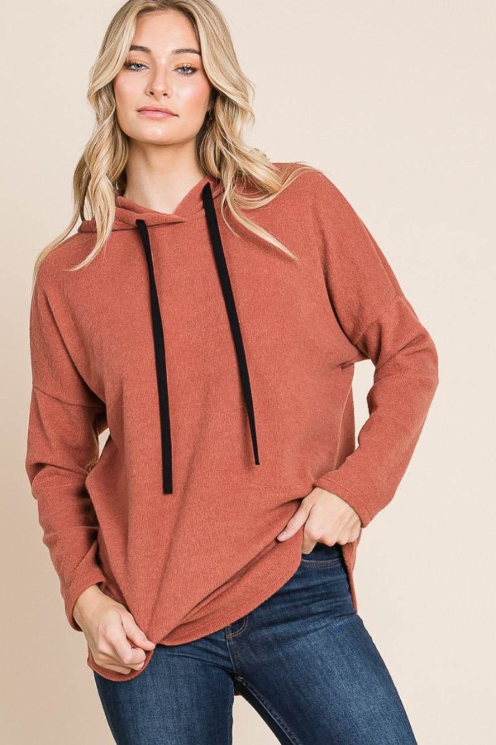 BOMBOM Contrast Drawstring Drop Shoulder Knit Hoodie - Delanoir
