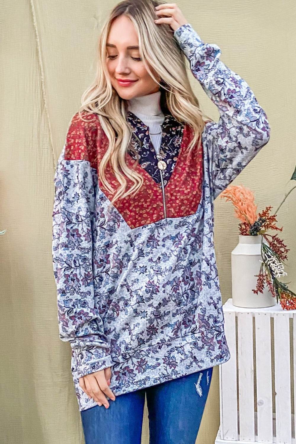 And The Why Printed Half Zip Up Long Sleeve Hoodie - Delanoir