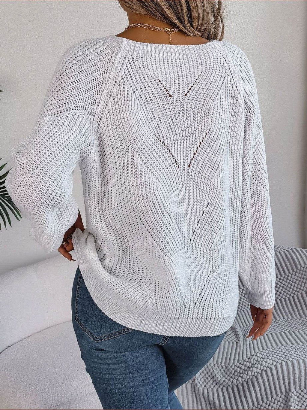 Openwork Buttoned Square Neck Sweater - Delanoir