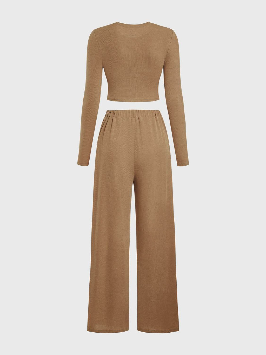 Round Neck Long Sleeve Top and Tied Pants Set - Delanoir