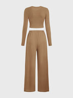 Round Neck Long Sleeve Top and Tied Pants Set - Delanoir