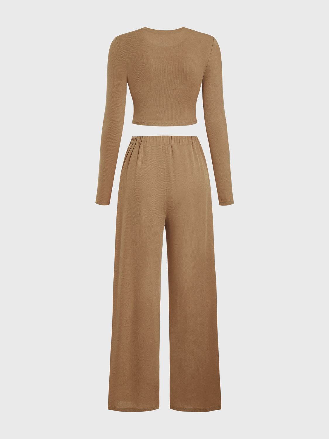 Round Neck Long Sleeve Top and Tied Pants Set - Delanoir