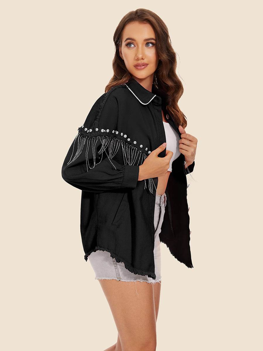 Raw Hem Fringe Detail Denim Jacket - Delanoir