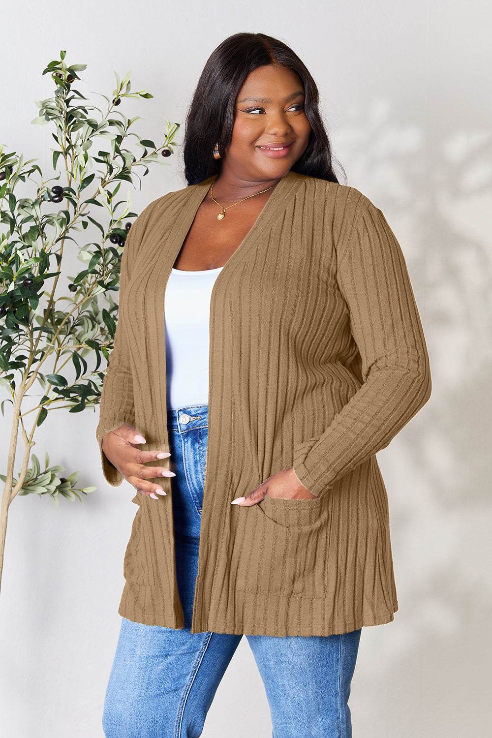 Basic Bae Full Size Ribbed Open Front Cardigan with Pockets - Delanoir