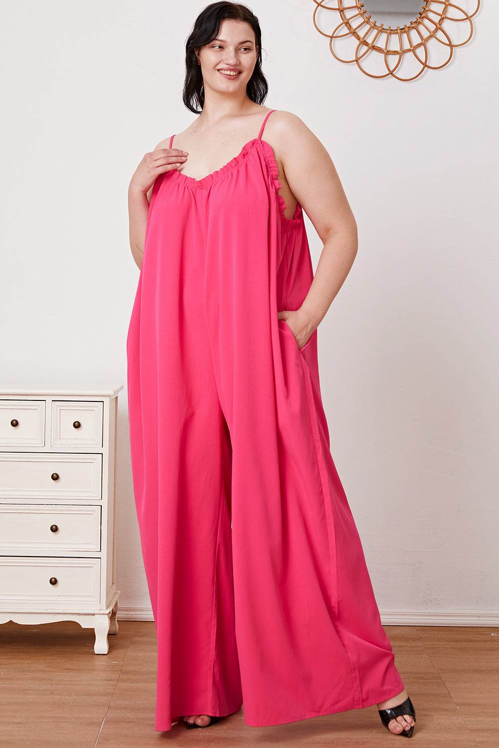 Double Take Full Size Ruffle Trim Tie Back Cami Jumpsuit with Pockets - Delanoir