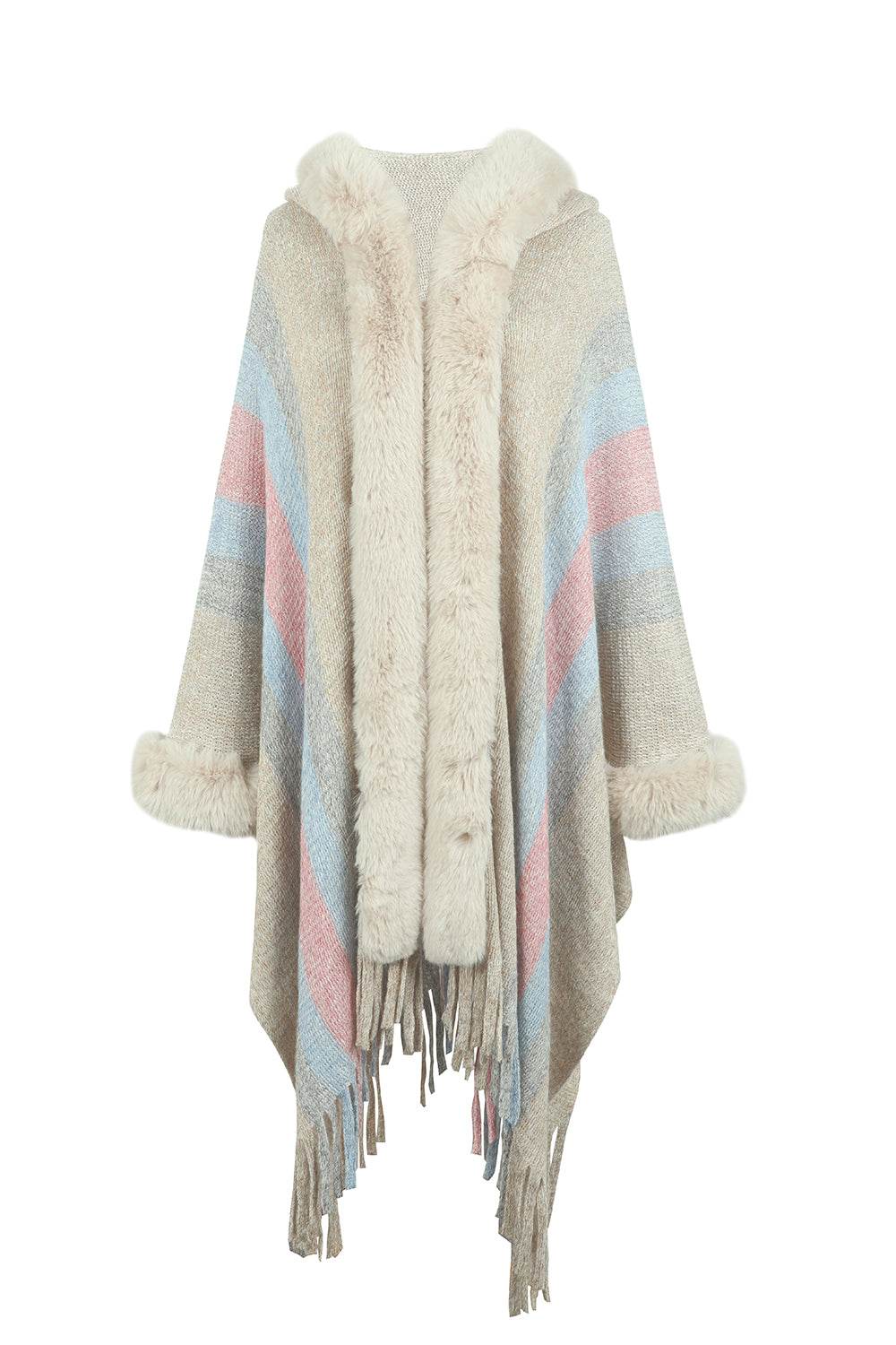Color Block Fringe Detail Poncho - Delanoir