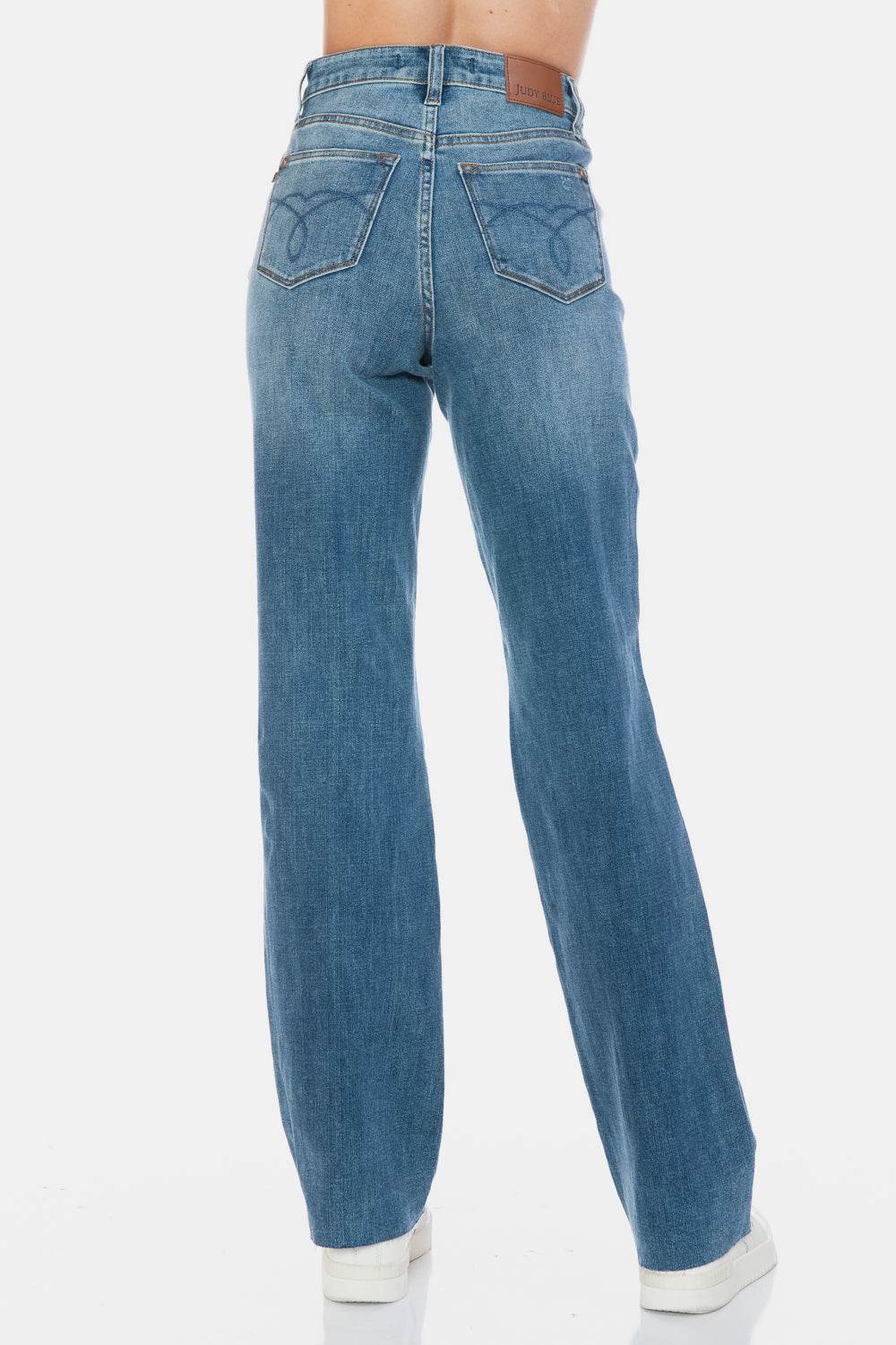Judy Blue Full Size Tummy Control Cut Raw Hem Straight Jeans - Delanoir