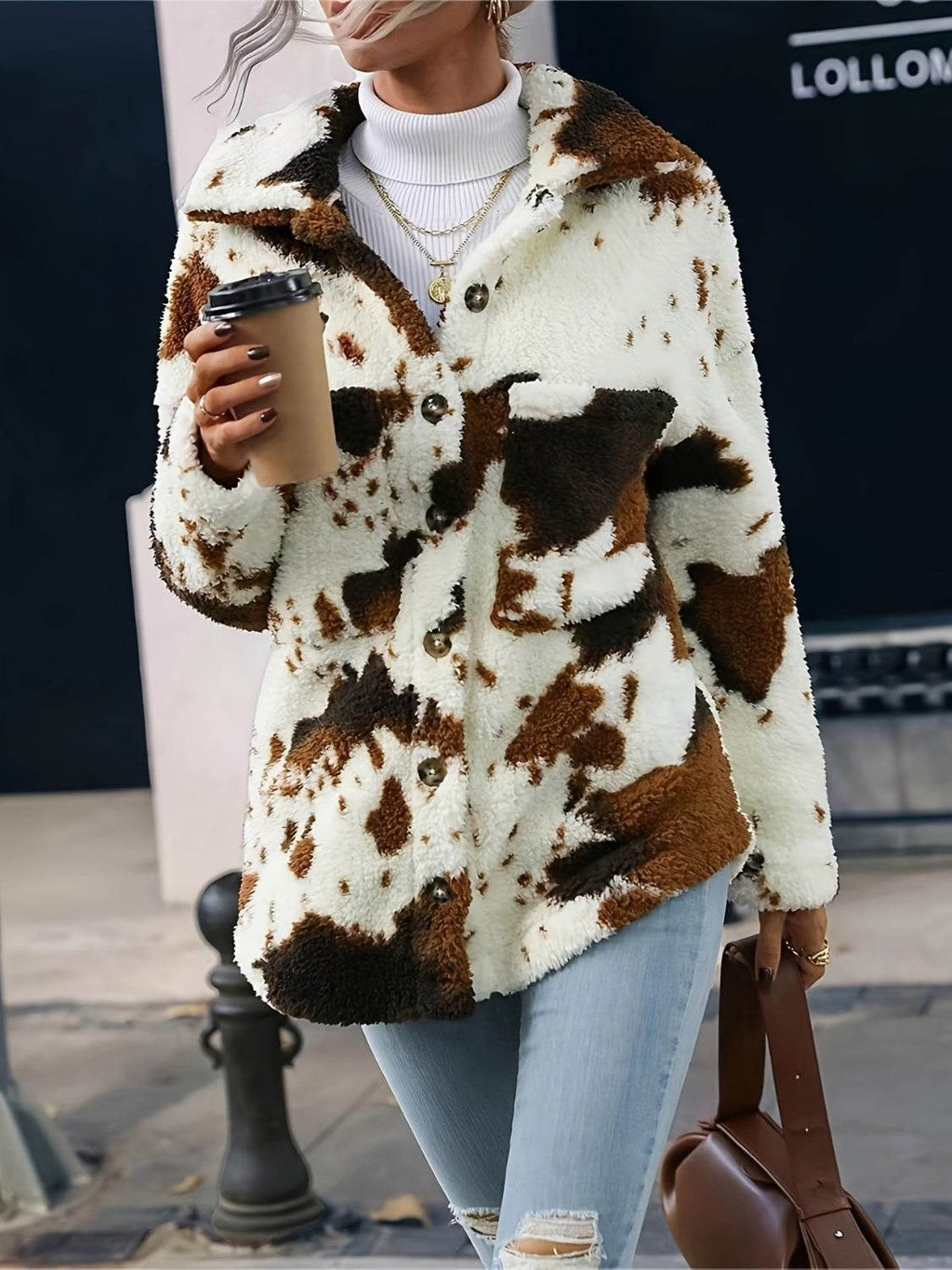 Cow Print Collared Neck Button Up Fuzzy Jacket - Delanoir