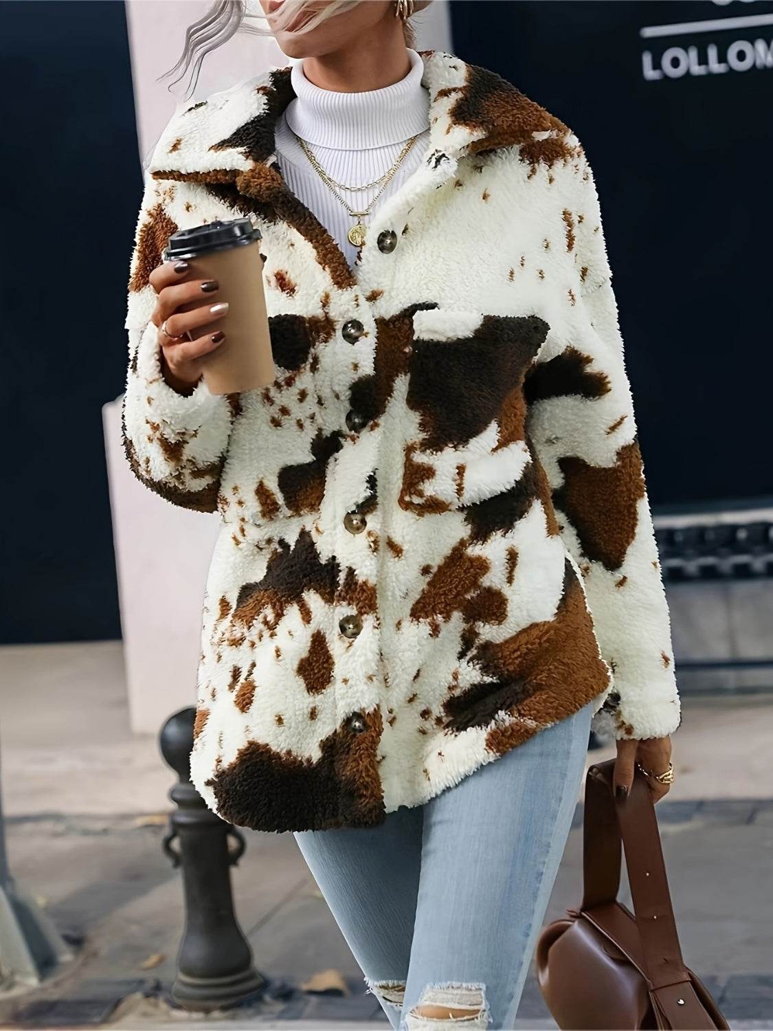 Cow Print Collared Neck Button Up Fuzzy Jacket - Delanoir