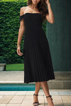 Perfee Pleated Off-Shoulder Midi Dress - Delanoir