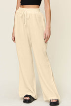 Double Take Full Size Texture Drawstring Wide Leg Pants - Delanoir