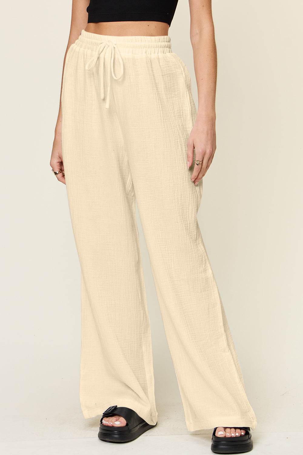 Double Take Full Size Texture Drawstring Wide Leg Pants - Delanoir