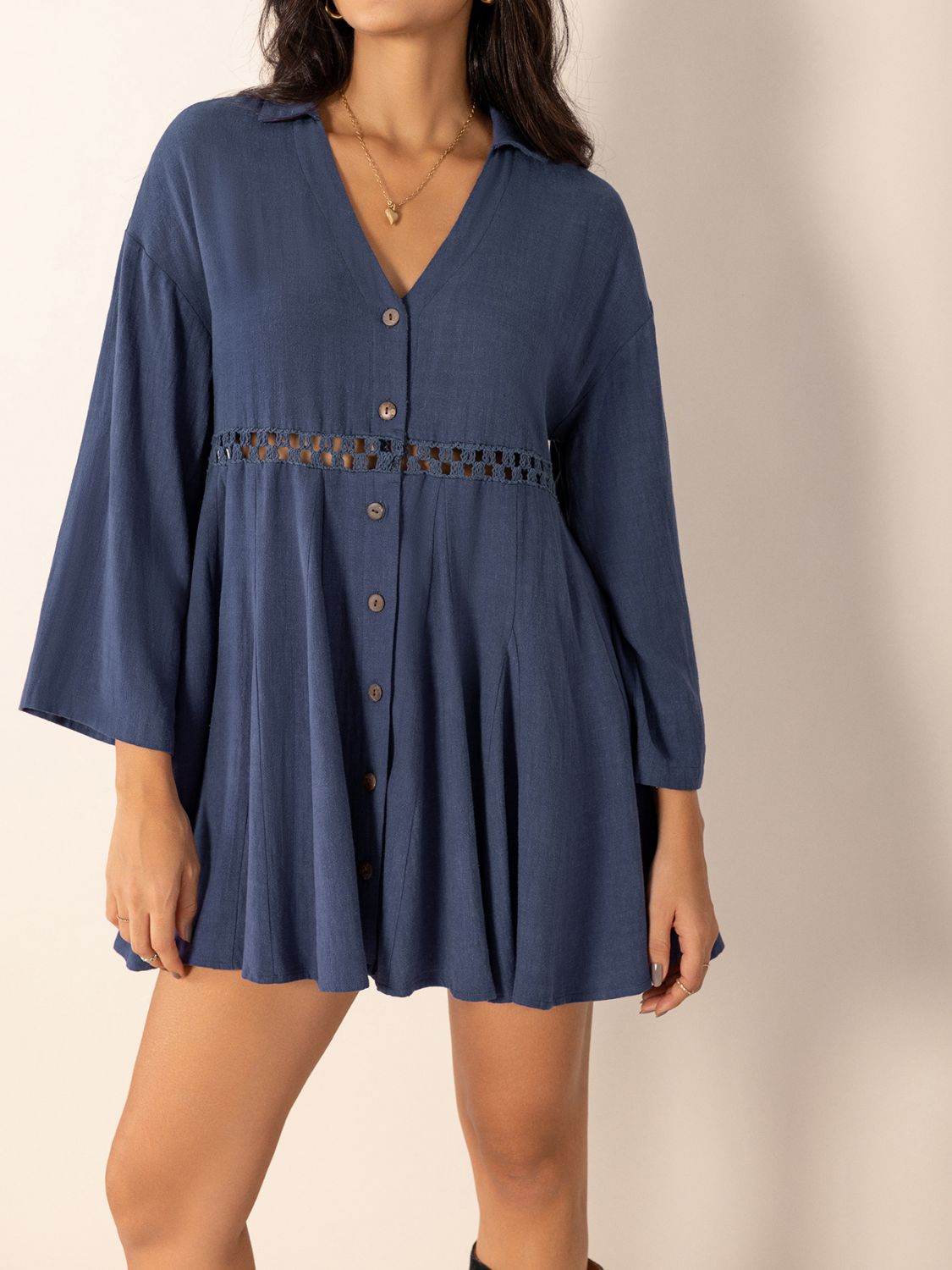 Cutout Johnny Collar Long Sleeve Mini Dress - Delanoir