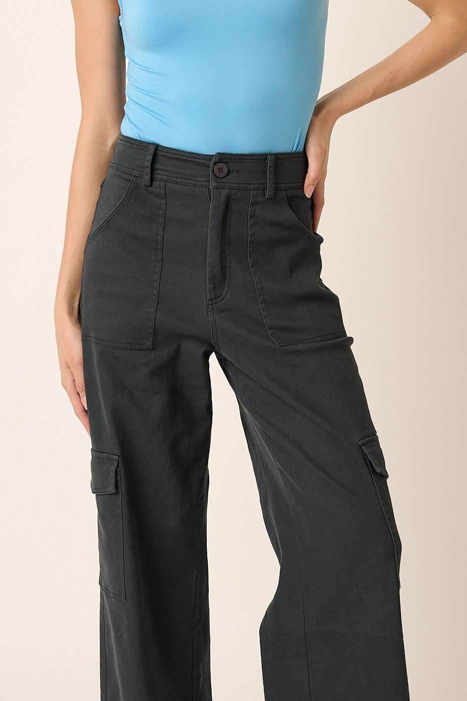 Mittoshop Wide Leg High Waist Pants with Cargo Pockets - Delanoir