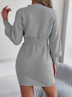 Buttoned Cable-Knit V-Neck Sweater Dress - Delanoir