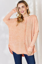 Zenana Oversized Washed Waffle Long Sleeve Top - Delanoir